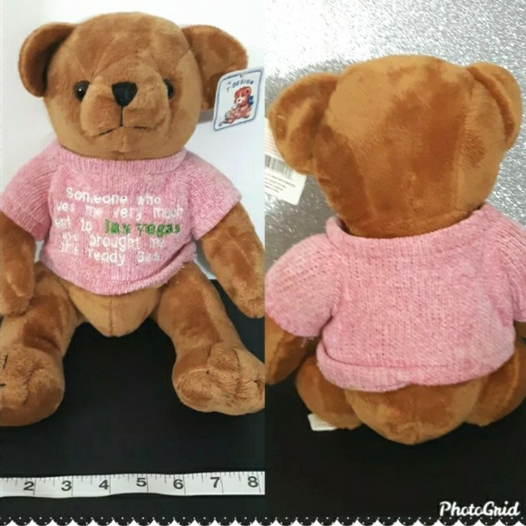Vtg 10" Bear T Design Vegas Bear toy Stuffed Animal Animal tag's pink sweater - Picture 10 of 11
